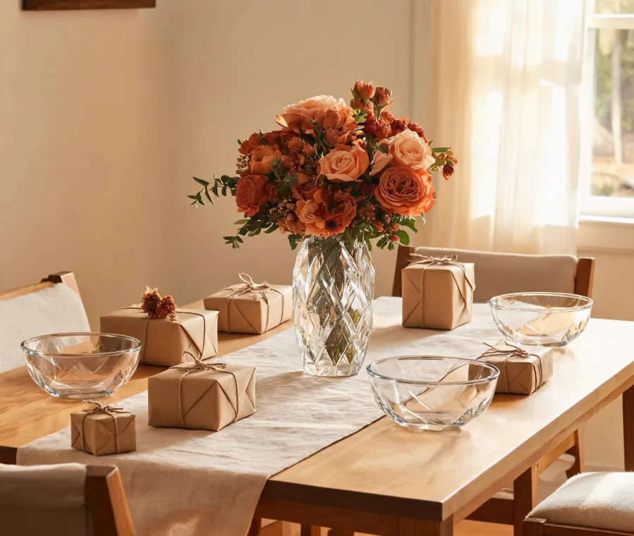 Seasonal crystal and glass gifts on a styled home table